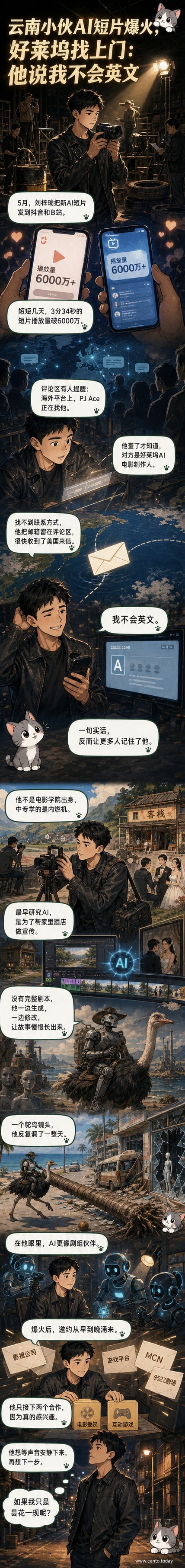 一位年轻中国男子坐在电脑前,屏幕上显示着AI生成的机器人骑鸵鸟穿越海滨废墟的画面,背景是塑料模特与倒塌的椰子树,风格融合赛博朋克与现实元素。