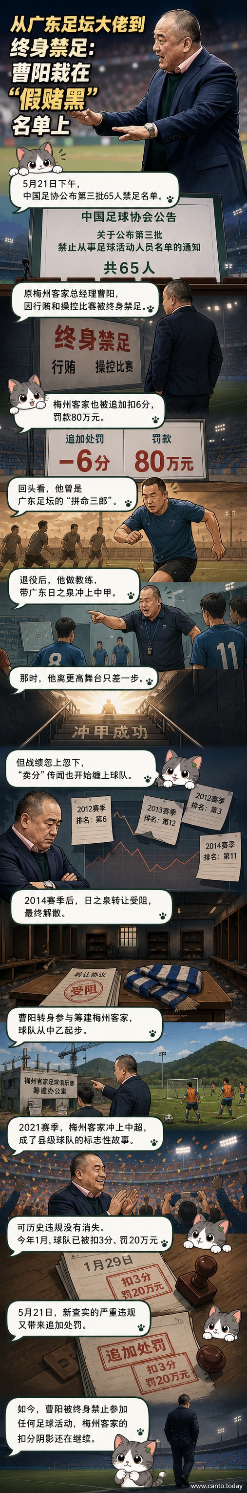 一名身穿西装的中年男子站在足球场边,背景是球迷看台和俱乐部旗帜,画面色调偏冷,暗示职业生涯的落幕。