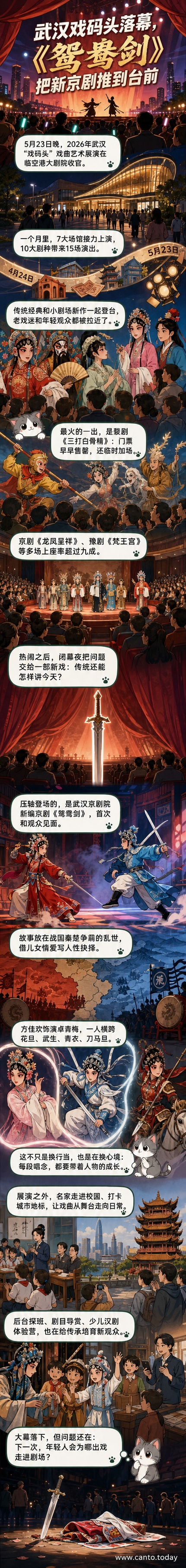 临空港大剧院舞台上,京剧《鸳鸯剑》女主角卓青梅身着刀马旦戏服,手持双剑,眼神坚毅,背景为战国风格的战场景象。