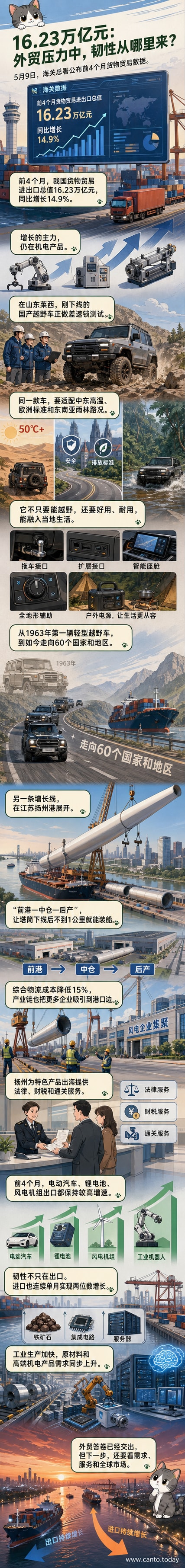 一辆国产越野车在野外进行差速锁测试,背景是港口吊装大型风电叶片,象征中国高端制造与绿色能源装备加速出海。