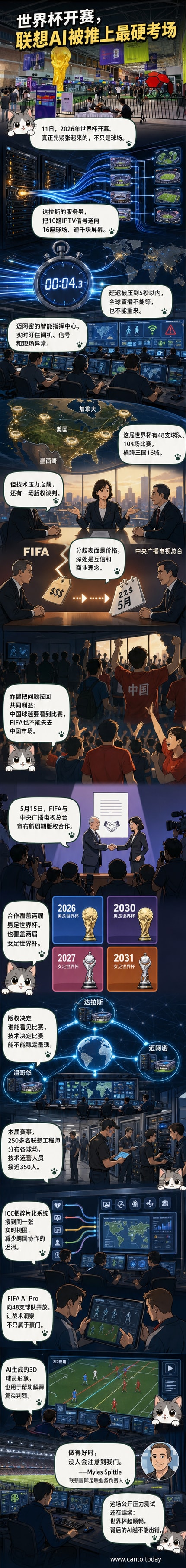 2026年世界杯赛场边，联想AI服务器指示灯闪烁，大屏幕上显示实时数据流与3D球员模型，技术人员在指挥中心监控系统运行。