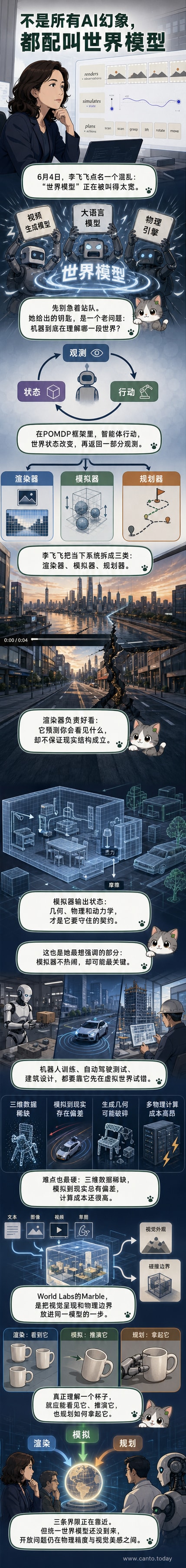AI生成图像：一位女性科学家站在由代码和三维结构构成的虚拟世界前，背景是旋转的地球与数据流，象征AI对物理世界的理解。