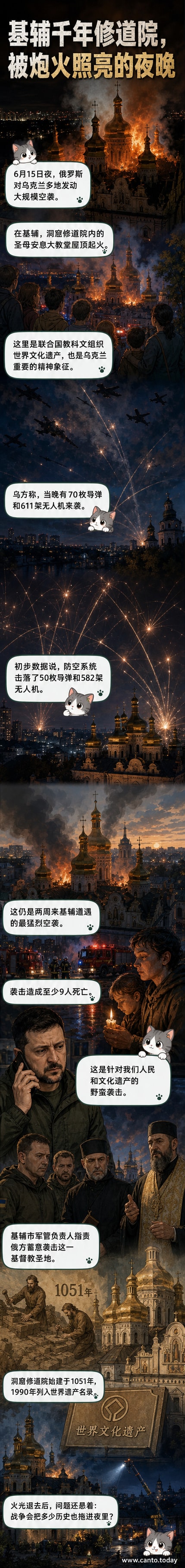 燃烧的教堂屋顶在夜空中冒着浓烟,远处可见基辅洞窟修道院的历史建筑轮廓
