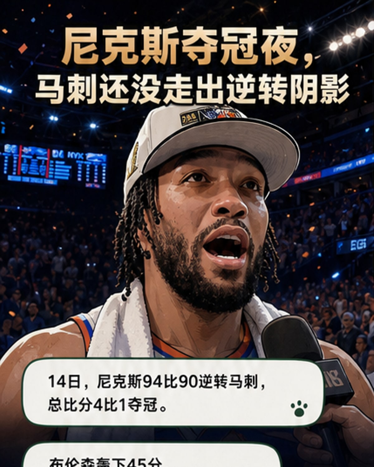 尼克斯球员庆祝夺冠，布伦森高举FMVP奖杯，背景是失落的马刺球员和文班亚马低头离场的画面