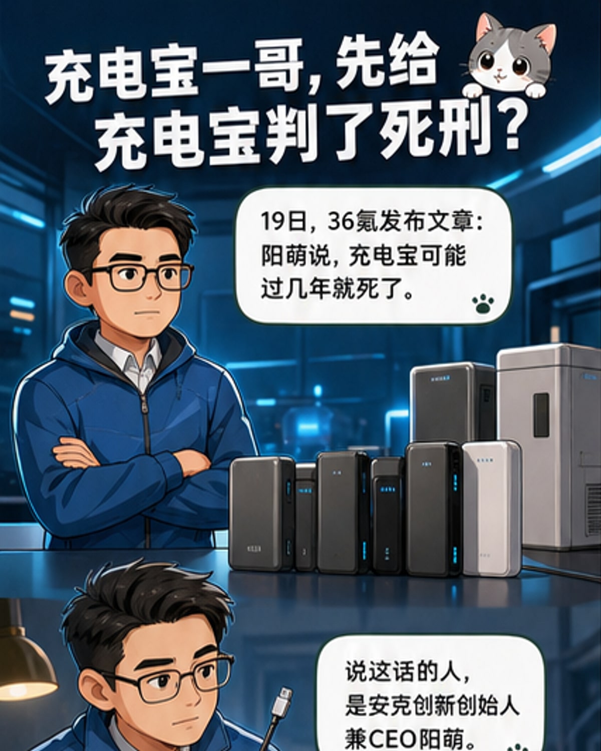 一位科技创业者站在即将崩塌的充电宝桥上，背后是通向储能与AI芯片的新兴道路