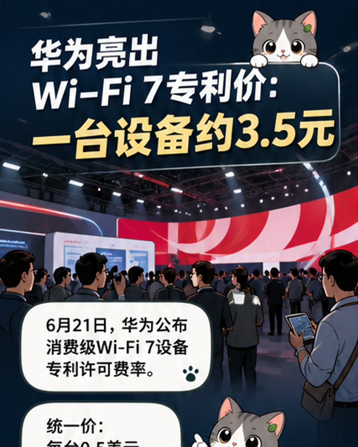 华为标志与Wi-Fi 7、5G技术符号并列,背景为科技蓝光效,象征专利技术布局的全球影响力