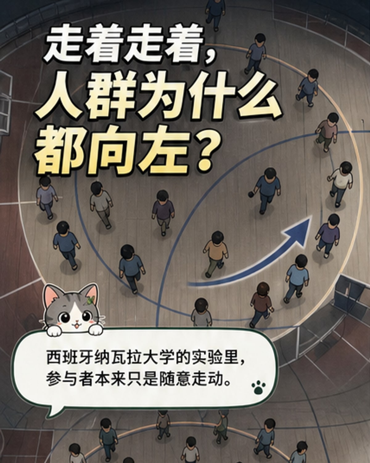 一群小人行走轨迹形成逆时针螺旋,中心标注‘人类无意识左偏倾向’