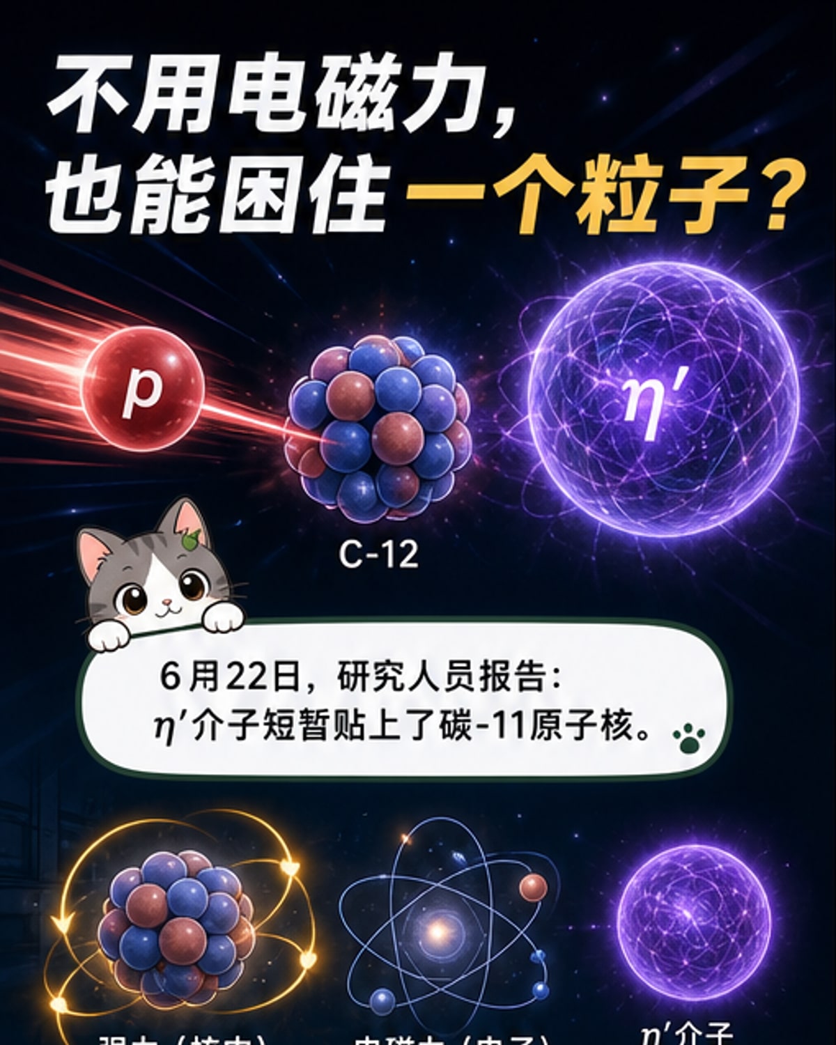 一幅科学风格插图:一个碳-11原子核与一个η介子通过强相互作用结合,周围环绕着代表强力的胶子场线条,背景为深蓝色宇宙粒子流。