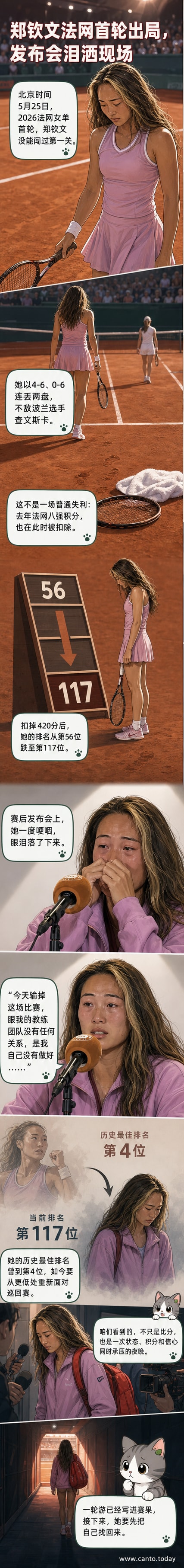 郑钦文在法网赛后新闻发布会上低头落泪,背景是赛事LOGO和媒体镜头。