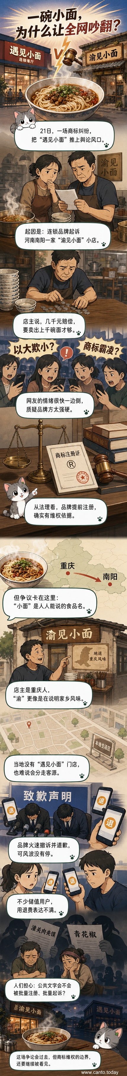 一碗热气腾腾的重庆小面，背景是城市街角的小店招牌，一边写着‘遇见小面’，一边写着‘渝见小面’，象征商标争议下的市井烟火与法律冲突。
