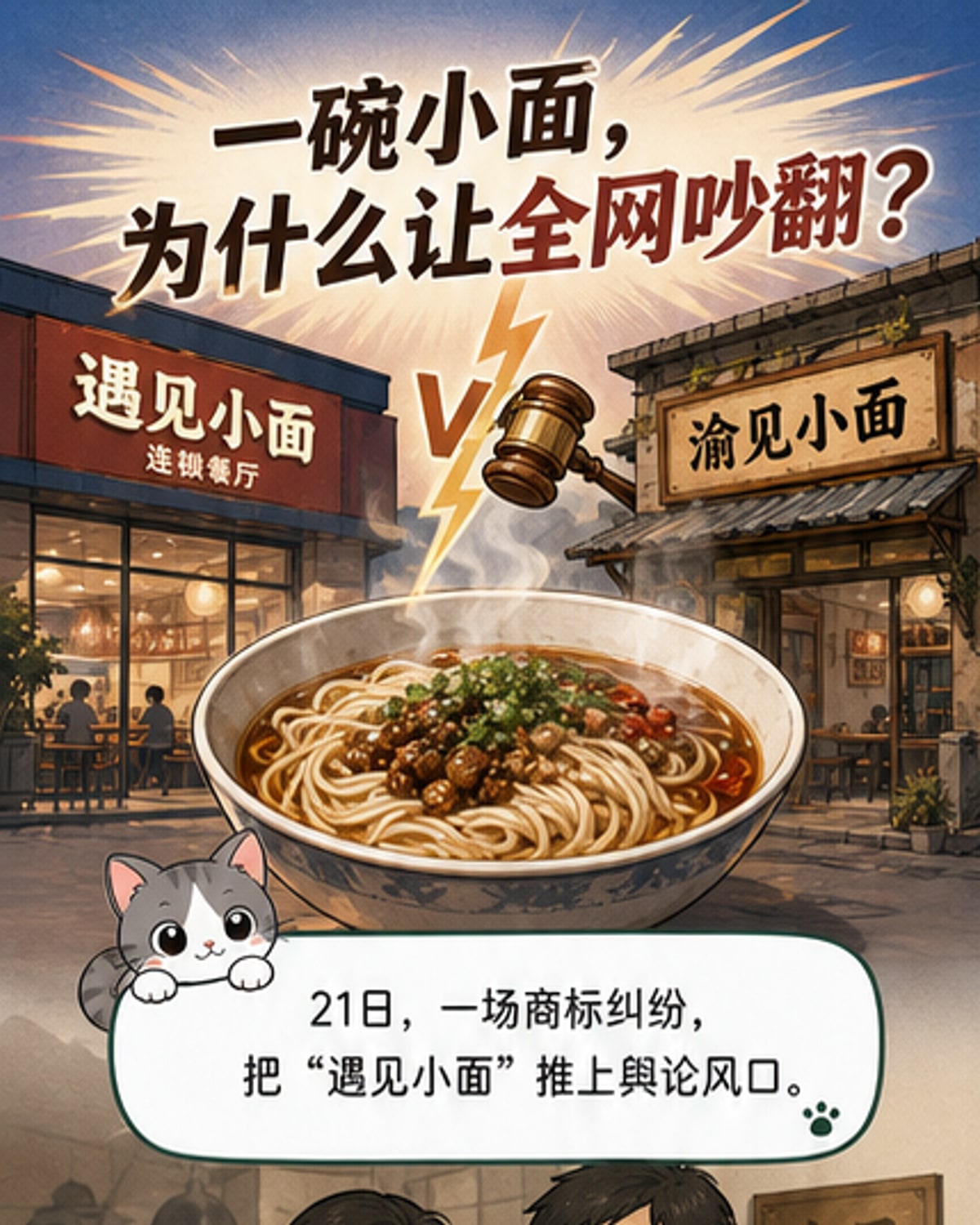 一碗热气腾腾的重庆小面，背景是城市街角的小店招牌，一边写着‘遇见小面’，一边写着‘渝见小面’，象征商标争议下的市井烟火与法律冲突。