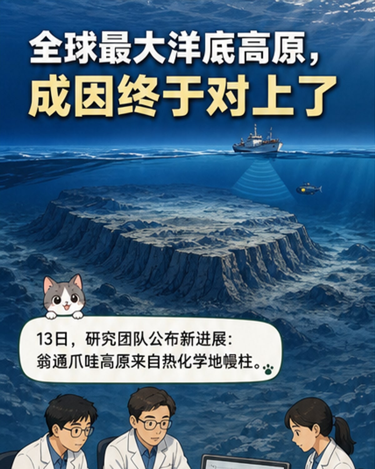 一幅科学示意图展示热化学地幔柱从地幔深处上升，形成翁通爪哇高原的地壳隆起过程，伴有温度与化学成分标注。