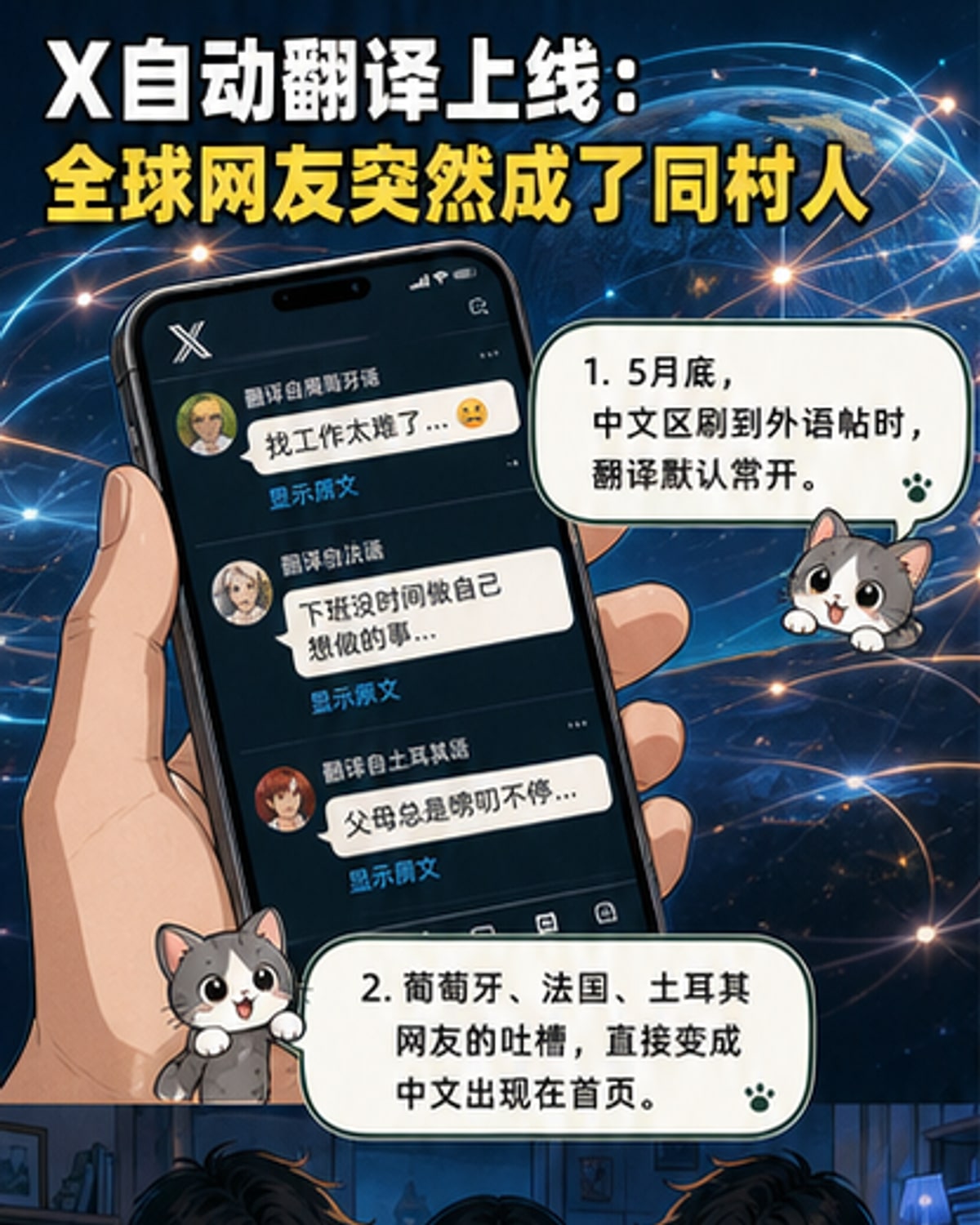 手机屏幕显示X平台界面，多条外语帖子以中文呈现，上方标注‘翻译自葡萄牙语’‘翻译自韩语’，下方是各国网友关于工作与生活的吐槽。