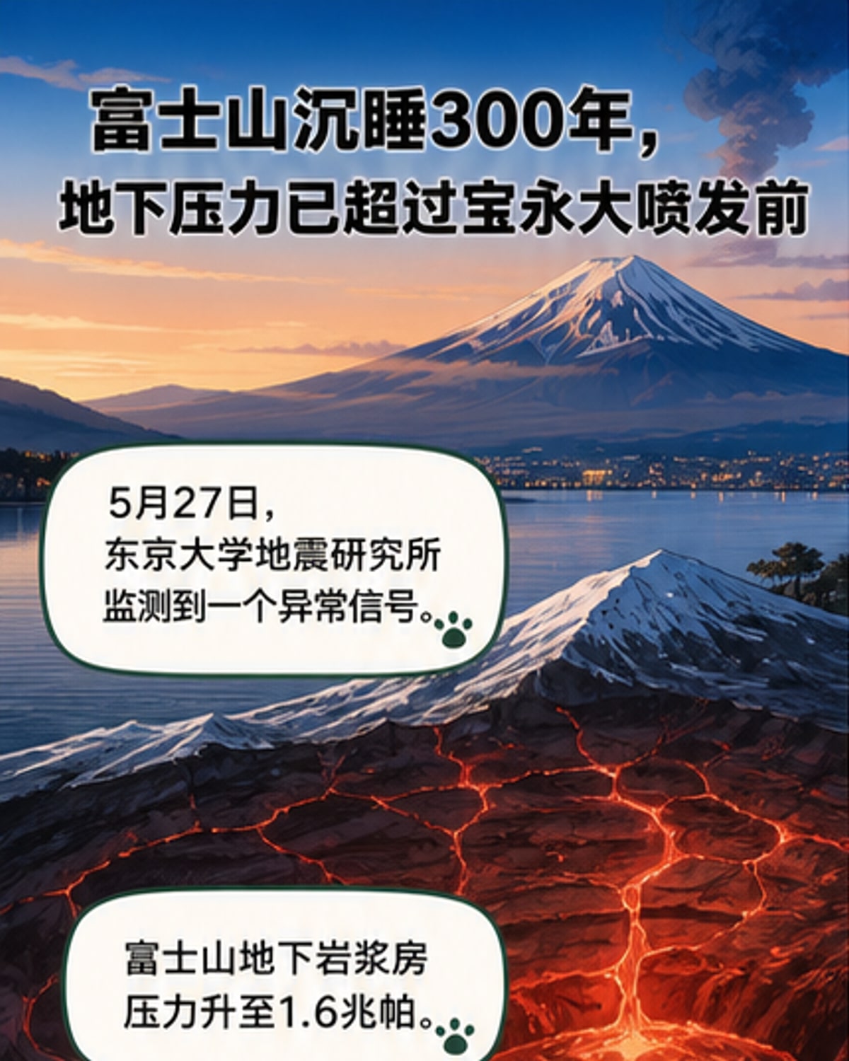 富士山岩浆压力达临界值16倍