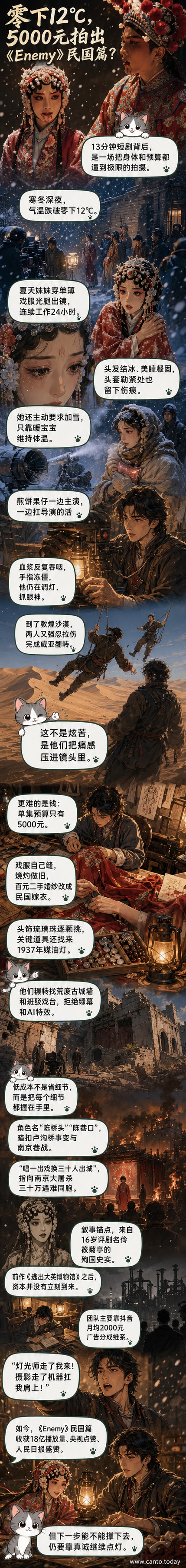 《Enemy·民国篇》拍摄现场,演员在雪夜中赤脚表演,头发结冰,背景是手工搭建的民国戏台与煤油灯微光