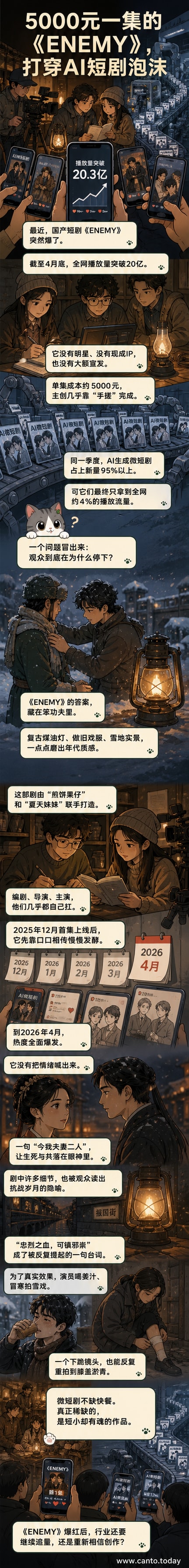 《ENEMY》剧照:雪地中男女主角对视,身着做旧戏服,背景为低矮老屋与昏黄煤油灯,画面充满年代感与悲壮情绪。