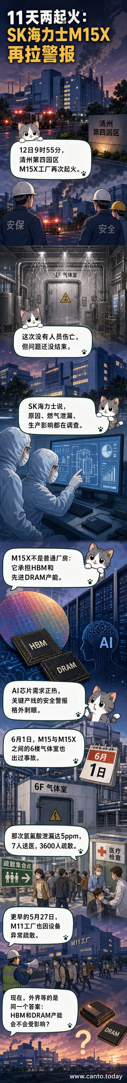 SK海力士清州工厂外观，背景有消防车辆和烟雾痕迹，显示近期发生过火灾事件