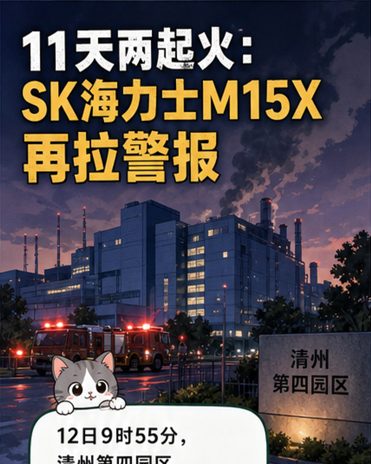 SK海力士清州工厂外观,背景有消防车辆和烟雾痕迹,显示近期发生过火灾事件