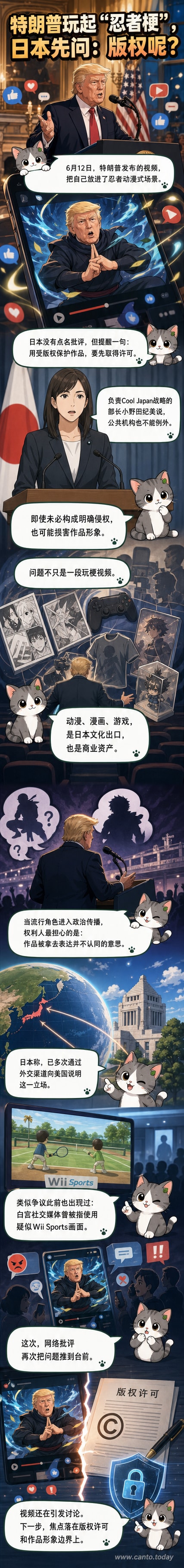 特朗普形象融入火影忍者动漫场景，背景为日本政府就版权问题发声
