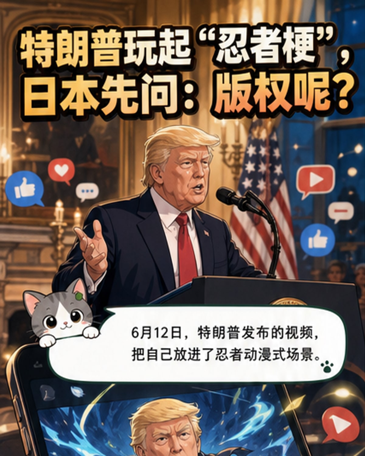 特朗普形象融入火影忍者动漫场景,背景为日本政府就版权问题发声