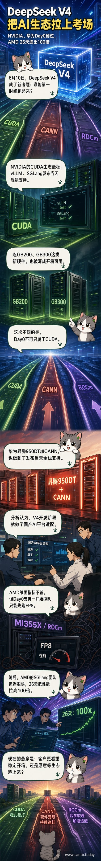 DeepSeek V4发布后，NVIDIA、华为、AMD三大AI平台展开推理性能对比，图示三者在支持速度与性能提升上的差异。