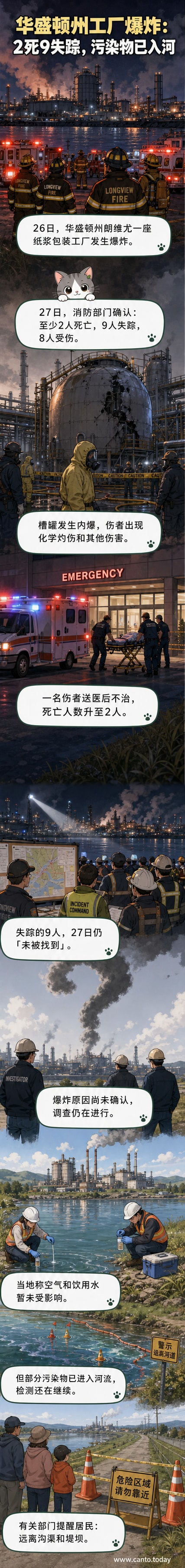 爆炸后的工厂现场浓烟滚滚,救援人员在河岸边进行检测作业