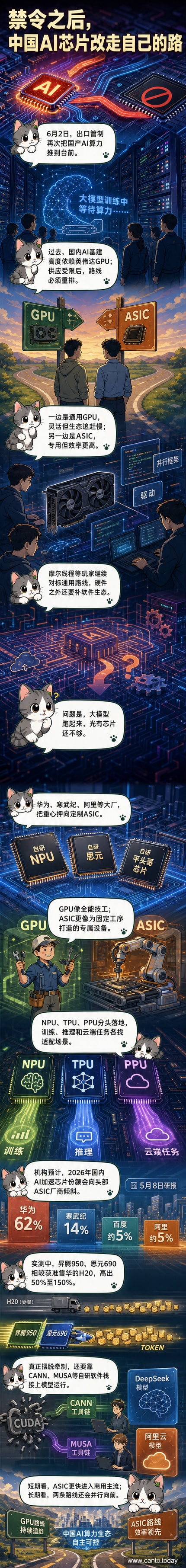 华为昇腾芯片与英伟达GPU对比示意图，背景为中国科技企业LOGO阵列，突出国产ASIC在AI算力领域的崛起