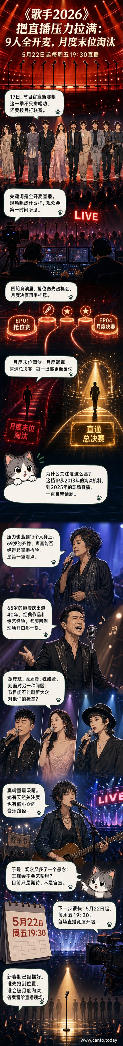 《歌手2026》首发阵容九位歌手剪影环绕舞台中央的麦克风，背景为直播倒计时数字，突显全开麦竞演的紧张氛围