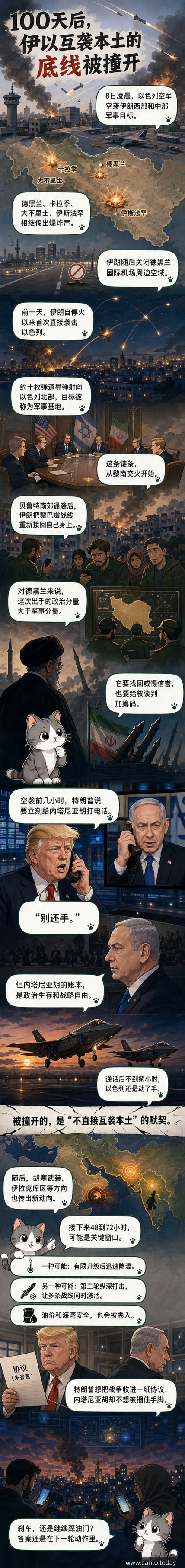 夜空中导弹轨迹划过德黑兰上空，城市边缘升起爆炸火光，远处人群观望
