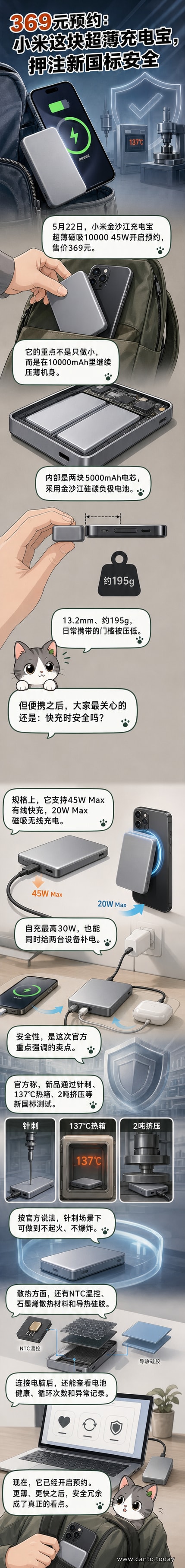 小米金沙江10000mAh充电宝产品渲染图,展示其轻薄设计与磁吸接口