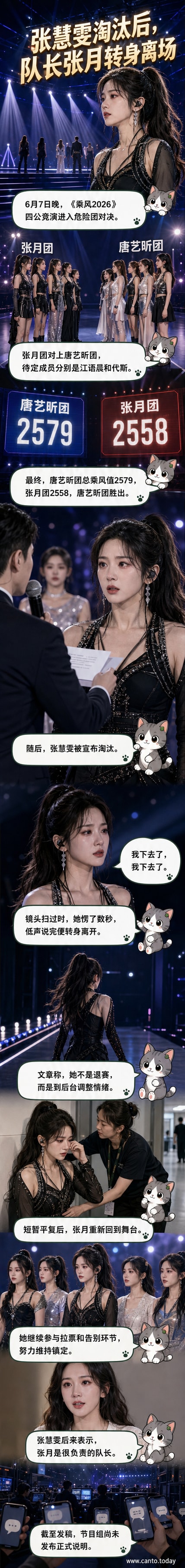 《乘风2026》舞台上,张月神情恍惚转身离场的瞬间,灯光下可见其眼眶红肿。