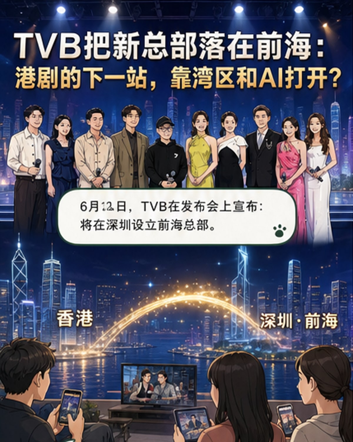 TVB前海总部发布会现场,许涛发言,背景显示深港城市融合画面与AI影视技术演示