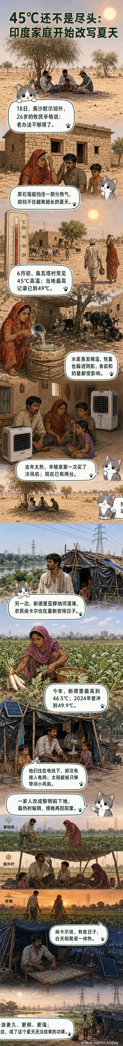印度拉賈斯坦邦的牧民坐在空調前，背景是沙漠村落，室外溫度高達42攝氏度，家庭依靠空氣冷卻器度過酷暑。