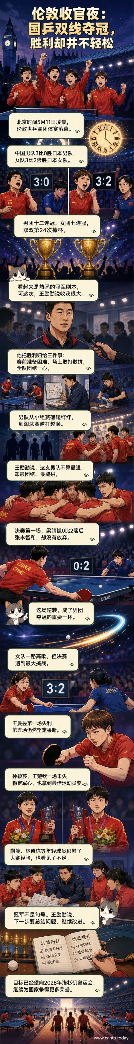 中国乒乓球队在伦敦世乒赛团体赛颁奖台上高举冠军奖杯,队员们身着红色队服,面带笑容庆祝胜利。