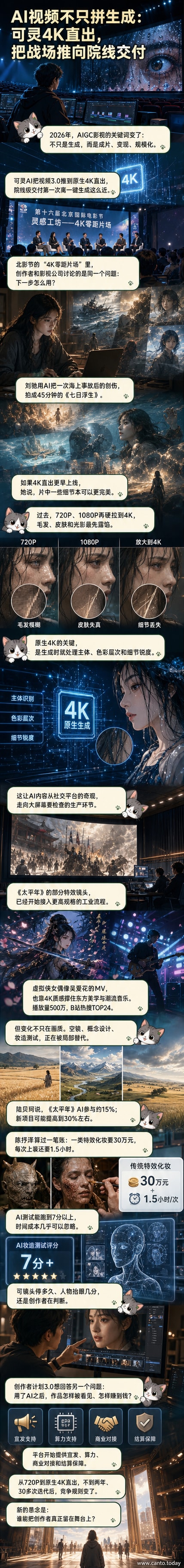 AI生成的4K画面中，角色眼中的光影细节清晰可见，毛发与皮肤质感逼真，媲美实拍效果。