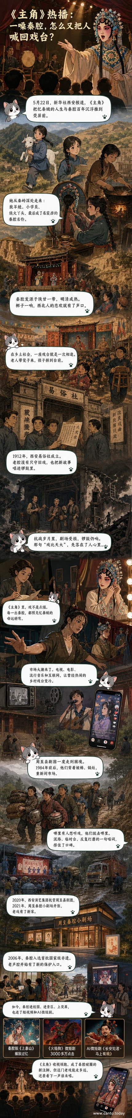 《主角》电视剧海报与秦腔演员在西安易俗社文化街区演出的合成画面，展现传统戏曲与现代影视的交融