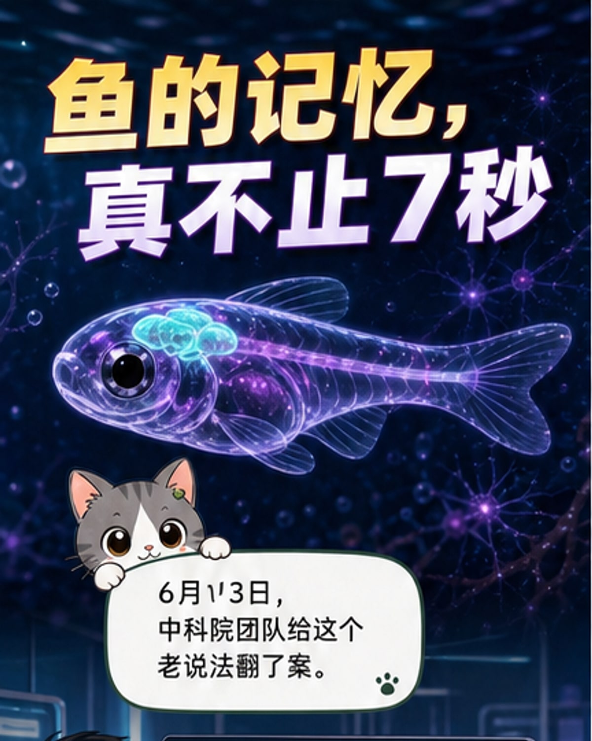 一幅科学风格插画:透明身体的斑马鱼在虚拟迷宫中游动,脑部高亮显示背侧丘脑和脑干区域,光线轨迹表示记忆信号传递。
