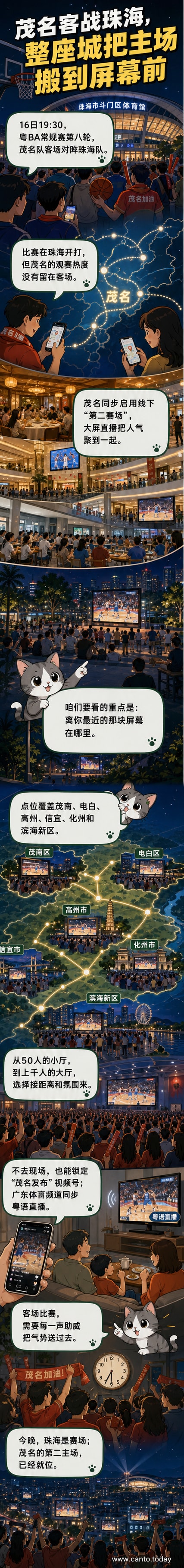 一张城市级篮球观赛活动的视觉海报，展示多个大屏观赛点分布，中心为比赛时间与对阵信息：茂名VS珠海，19:30开赛