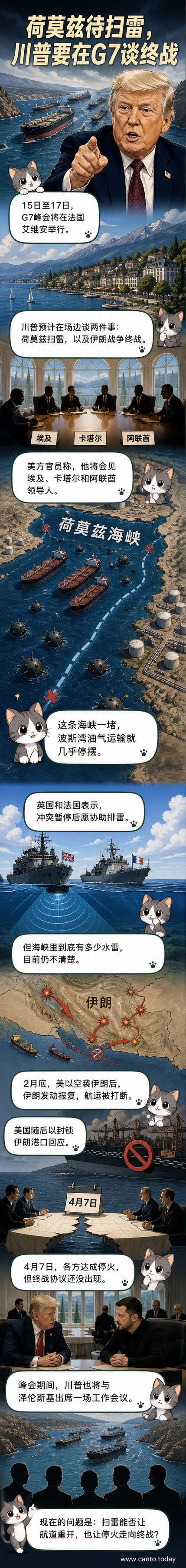 G7峰会会场外,各国领导人围绕地图讨论荷莫兹海峡安全局势,背景可见法国艾维安会场与波斯湾示意图