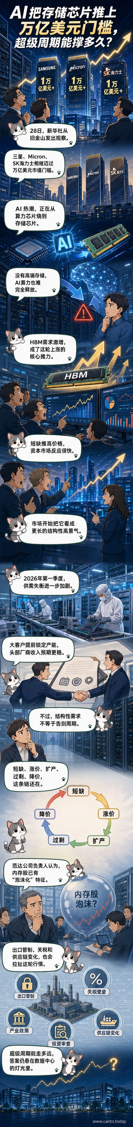 三家公司标志并列展示：三星、SK海力士、美光，背景为流动的数据光效和芯片结构线条，象征AI时代下的存储芯片产业超级周期