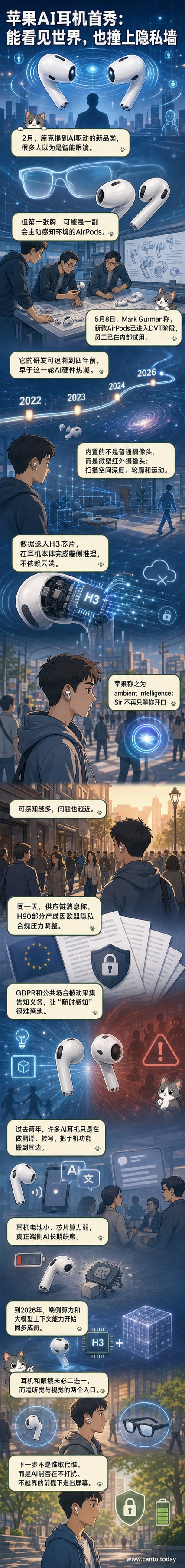 一副悬浮的AirPods耳机散发出蓝色光晕,周围环绕着环境数据波纹,象征其具备空间感知能力