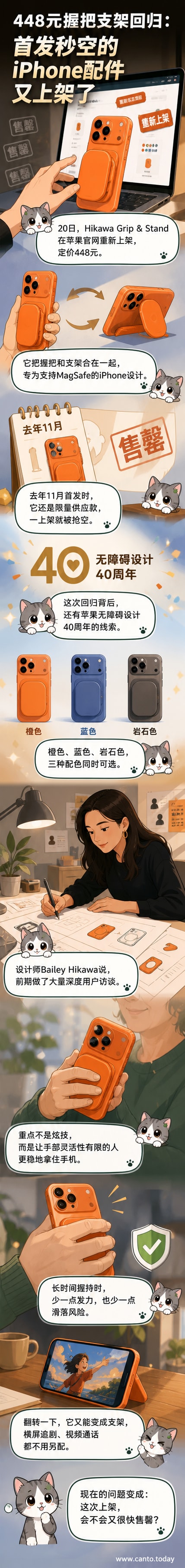 苹果Hikawa Grip & Stand握把支架产品图，展示橙色、蓝色和岩石色三款配色，支架可翻转作为手机支撑使用