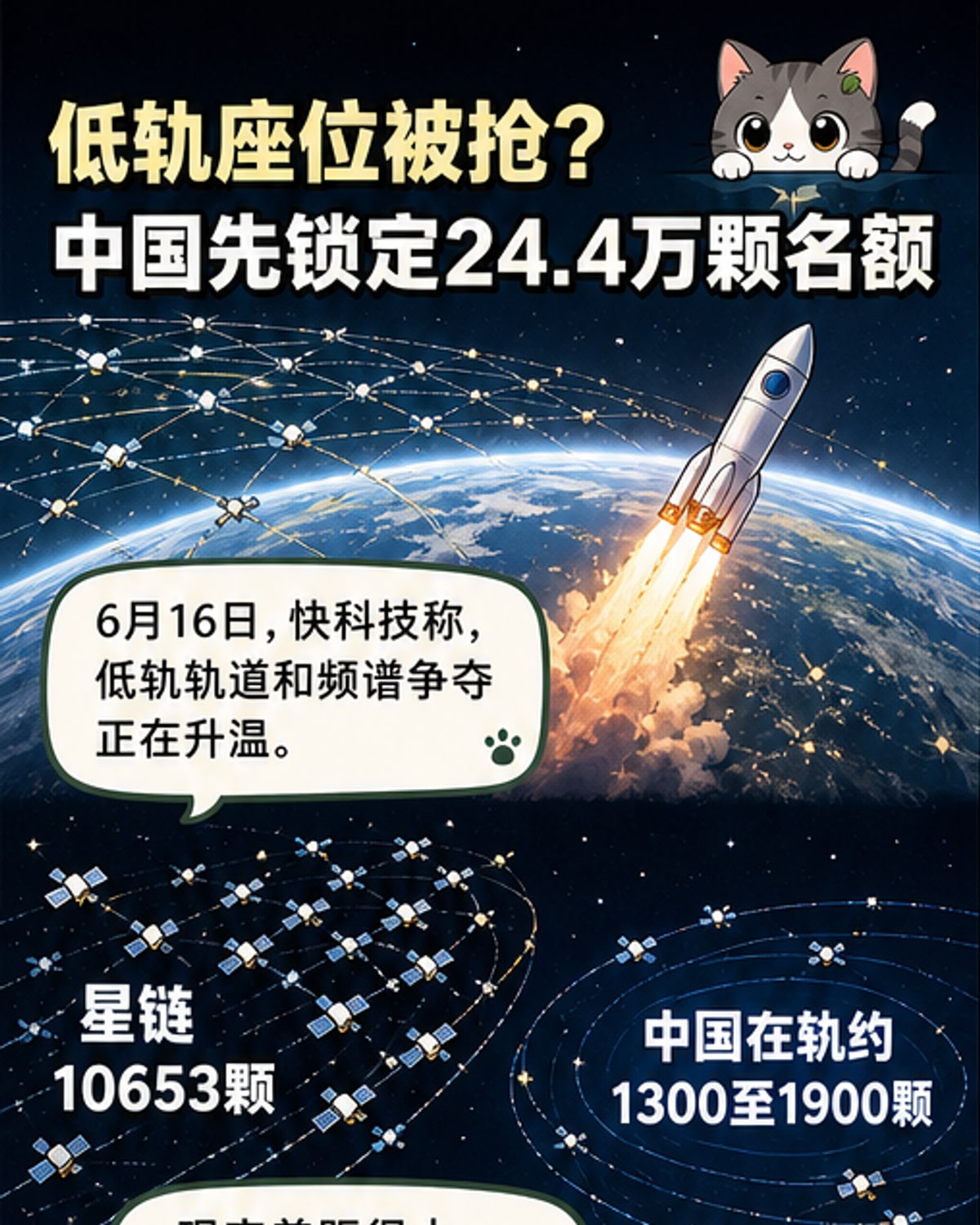 地球低轨道上密集分布的卫星网络示意图,中国与SpaceX的卫星布局对比,突出轨道与频谱资源竞争