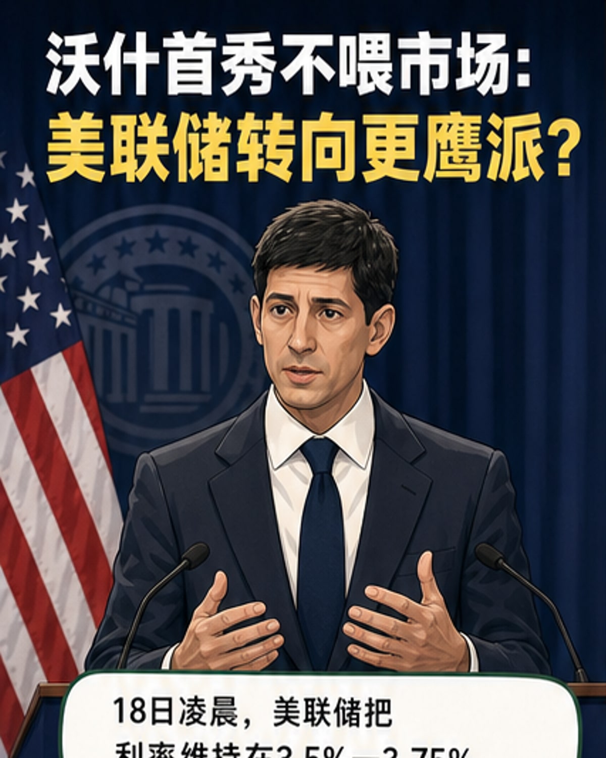 美联储新任主席凯文·沃什在华盛顿举行记者会,背景为美联储标志,神情严肃,释放出货币政策转向的信号。