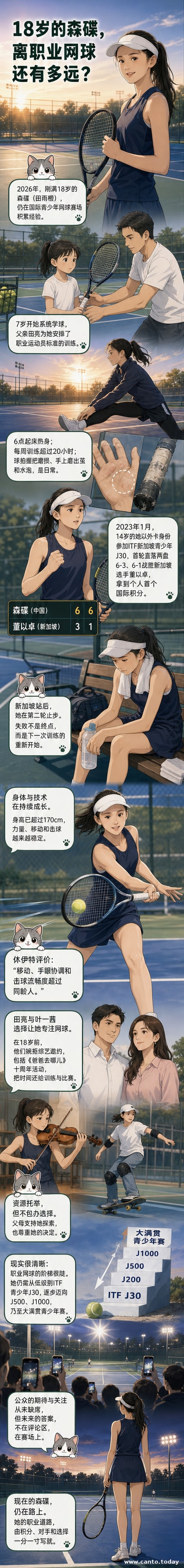 少女森碟身穿网球服在赛场上挥拍击球,背景是国际赛事标识,手上老茧清晰可见。