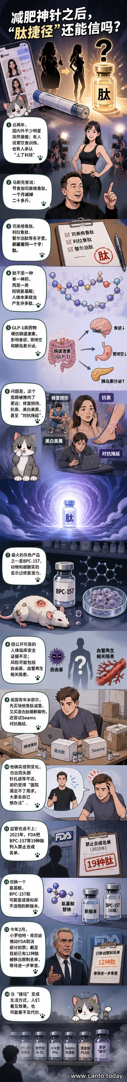 一幅漫画风格插图:一个人站在镜子前,身体一半是健美的明星形象,另一半是注射器和警示标志,背景是分子结构和上升的曲线图。