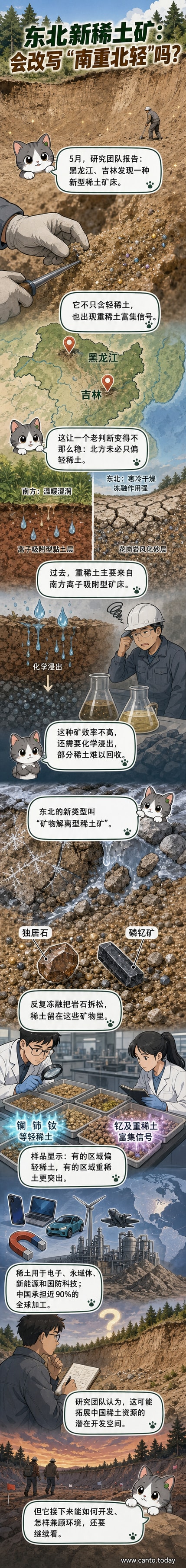 一幅地质剖面示意图展示东北花岗岩风化壳中的稀土矿物分布,标注解离型矿床结构与采样位置