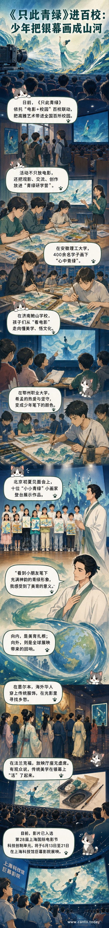 一群青少年围坐绘画，背景是电影《只此青绿》中的青绿山水舞美画面，象征传统美学在校园中传承