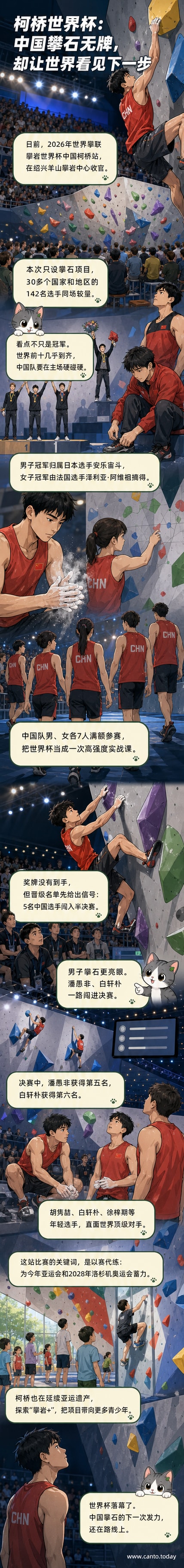 绍兴柯桥攀岩世界杯现场,选手在高墙上奋力攀爬,观众在下方专注观看。