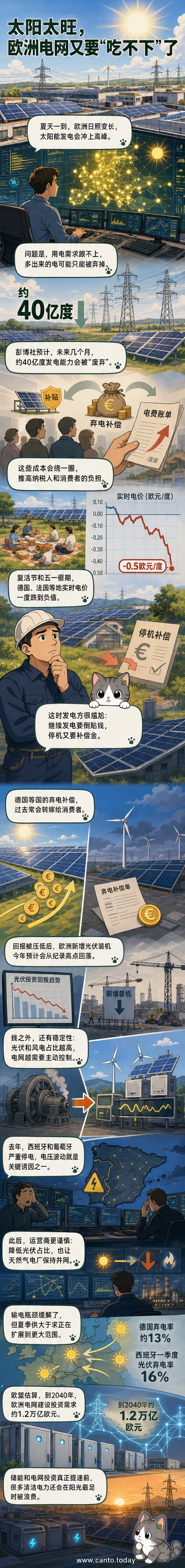 阳光照耀下的德国小镇屋顶太阳能板与风力发电机,背景是晴朗天空,象征可再生能源的潜力与电网挑战